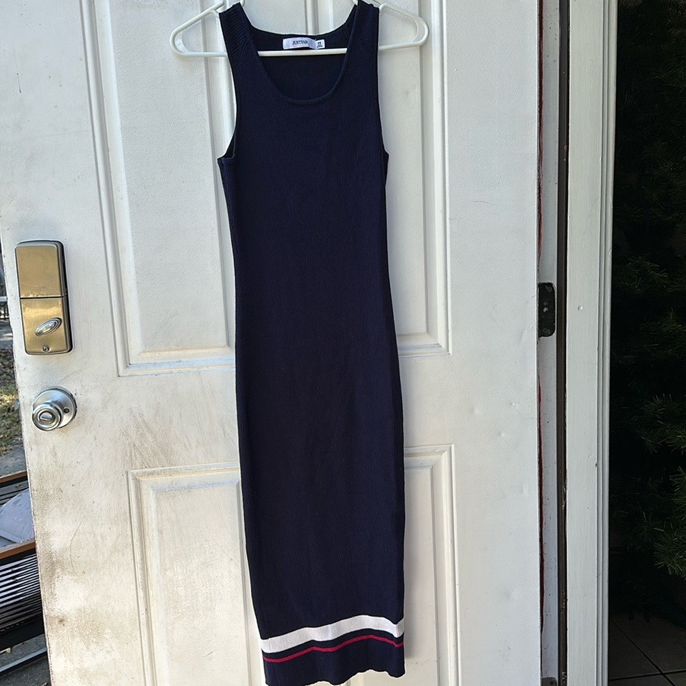 Justfab sweater dress navy blue with white and red stripe on bottom. Size XS